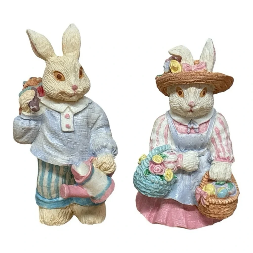 Vintage Lot Easter Rabbit Bunny Figurine Family Colorful Resin Cottagecore
